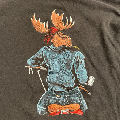 Moose Motorcycle Leather Jacket VTG T Shirt Cow Fell Off Funny Humor Biker Joke