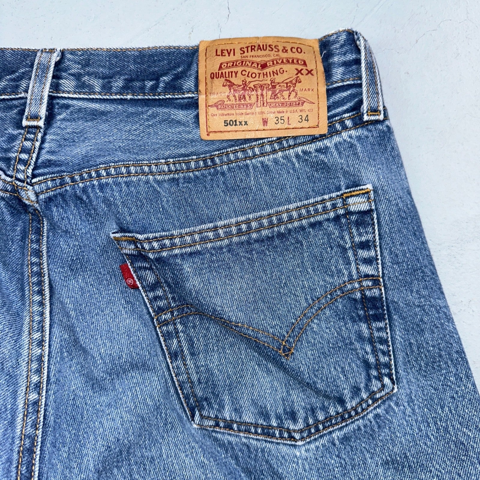 Levis 501 Vintage 90s USA XX Straight Leg Jeans Blue Light Wash 35x34 Act 33x30