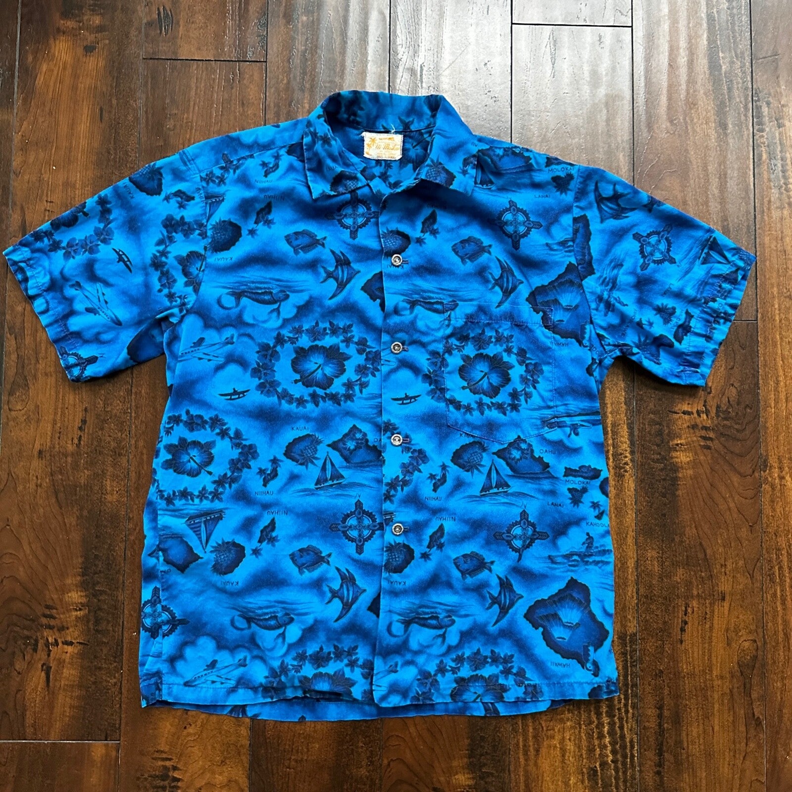 Ui-Maikai Vintage 1960s Barkcloth Blue Hibiscus Dress And Shirt Rockabilly Rare