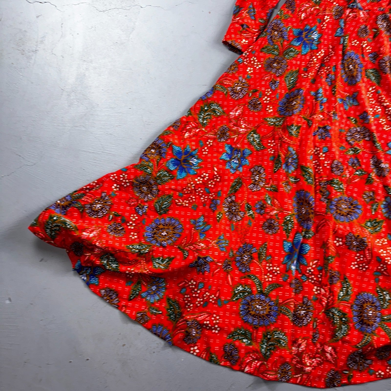 Vintage Denise Maxi Dress Red Floral Batik Boho 70s Style Hermosa Beach CA Rare