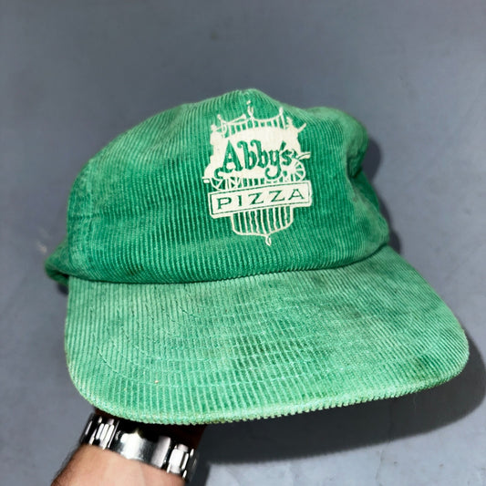 Vintage Abby's Pizza Green Hat Corduroy Snapback 80s Promo Cap Taiwan R.O.C.