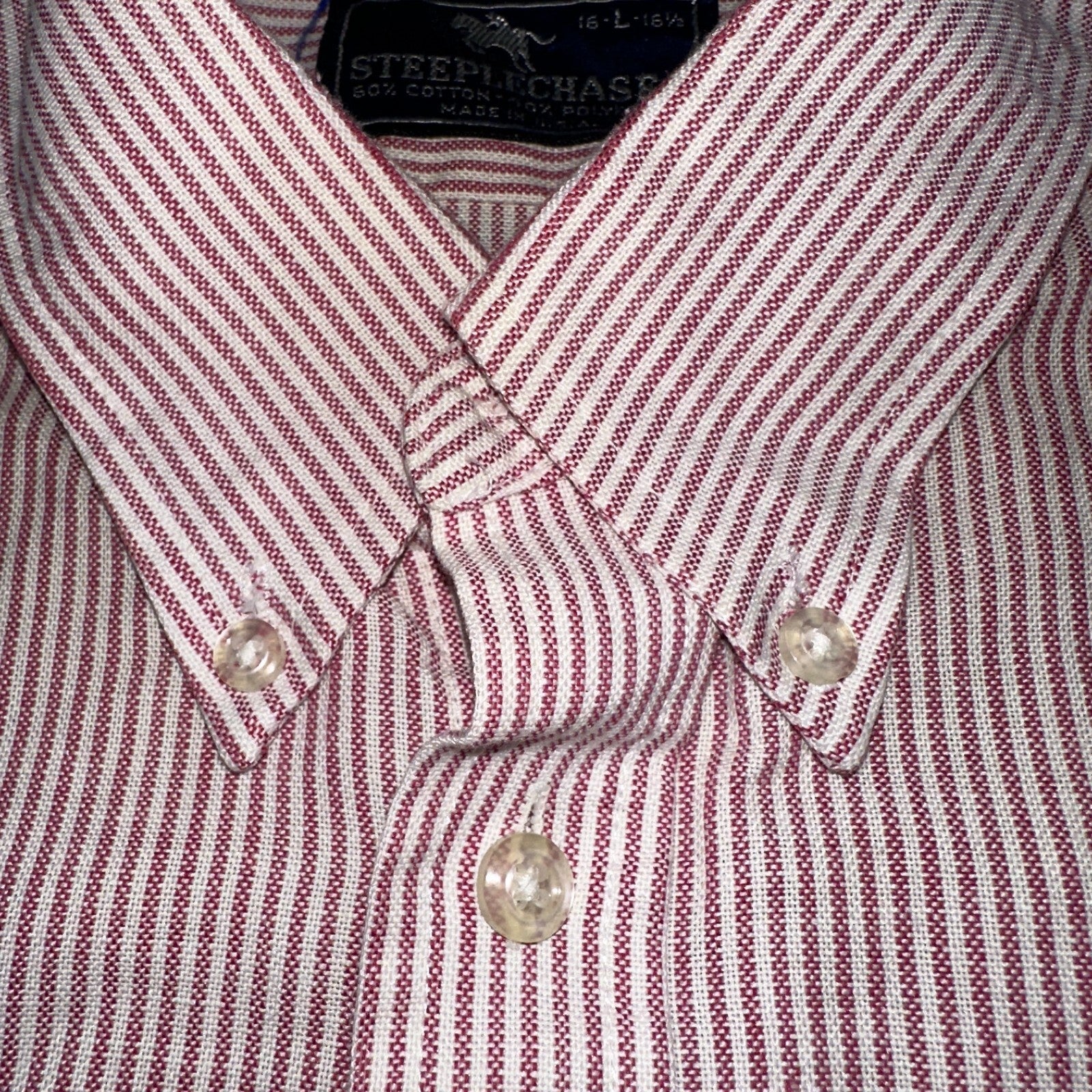 Steeple Chase Button Up Shirt Mens Large Short Sleeve Stripe Made In USA Red
