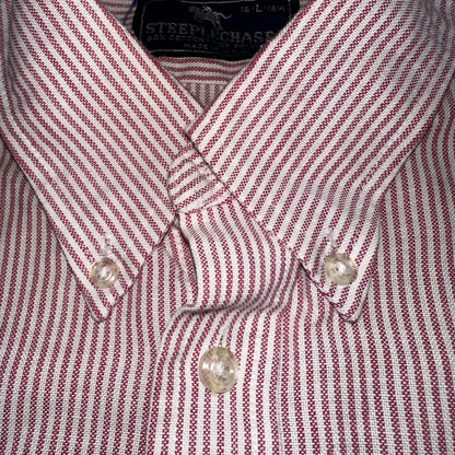 Steeple Chase Button Up Shirt Mens Large Short Sleeve Stripe Made In USA Red