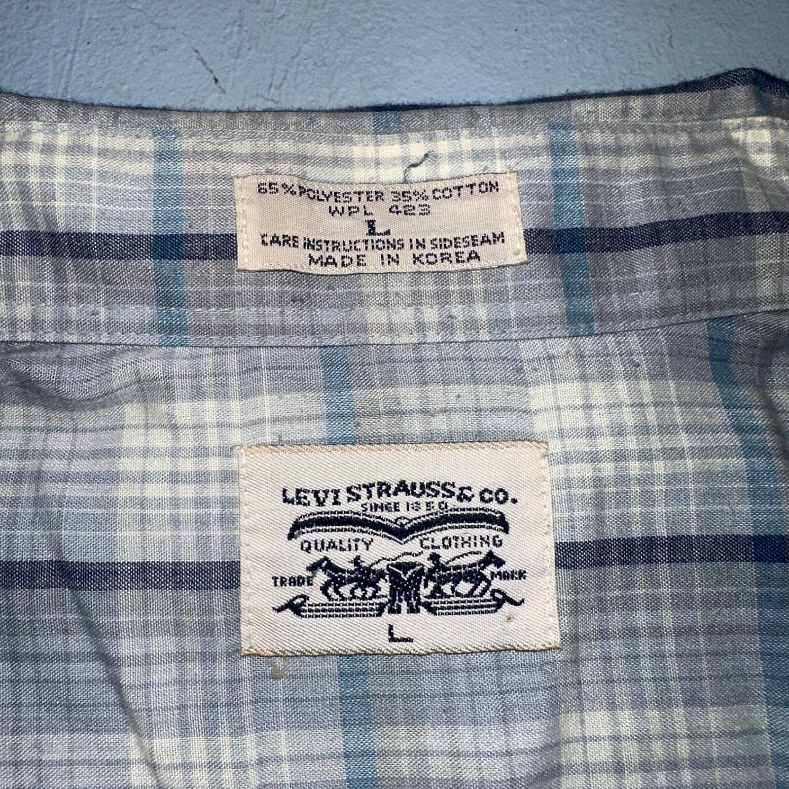 Levis VTG 1980s Pearl Snap Button Shirt Mens L Plaid 80s Cowboy Shirt Korea LS