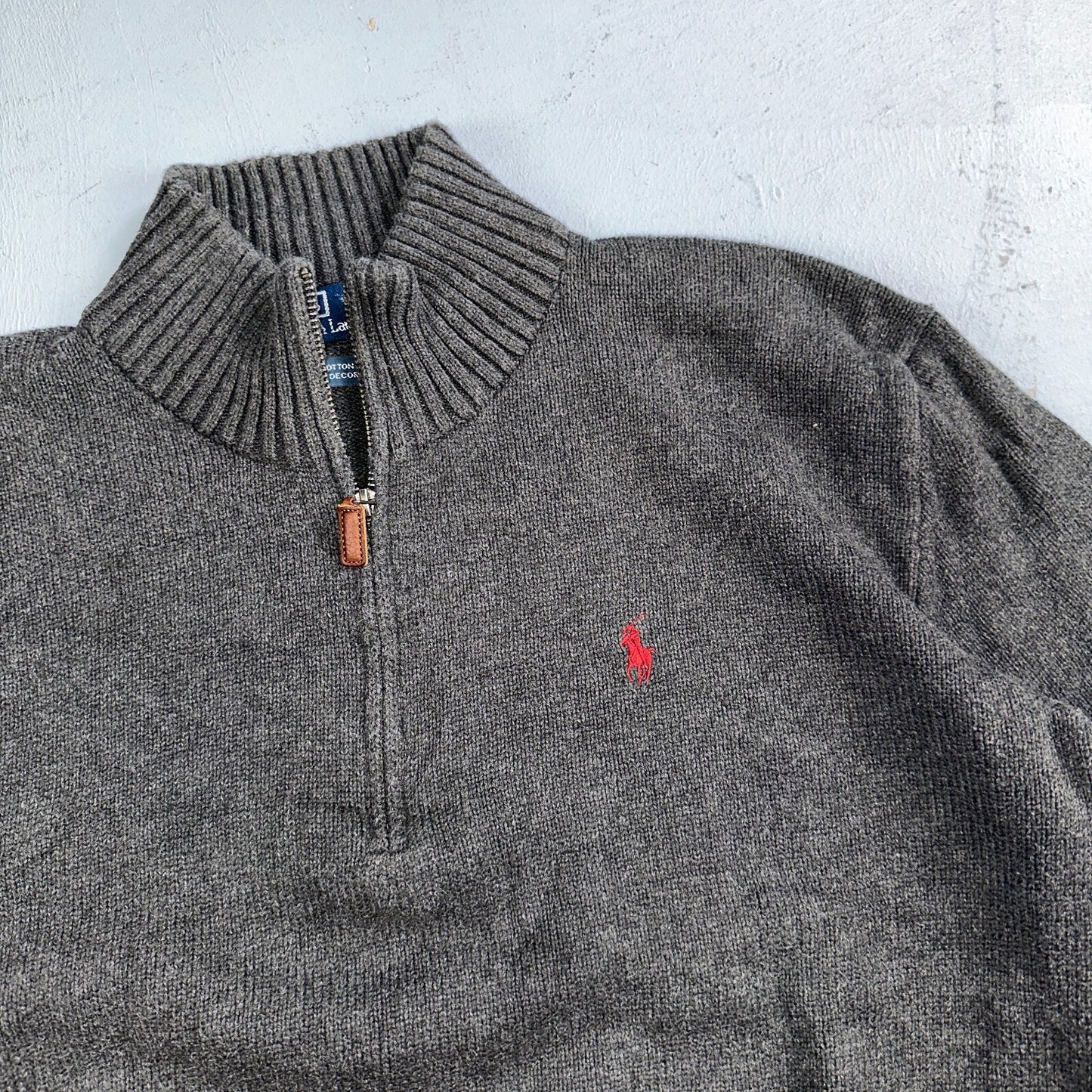 Polo Ralph Lauren Sweater VTG L Gray Cotton Long Sleeve Mock Neck Quarter Zip