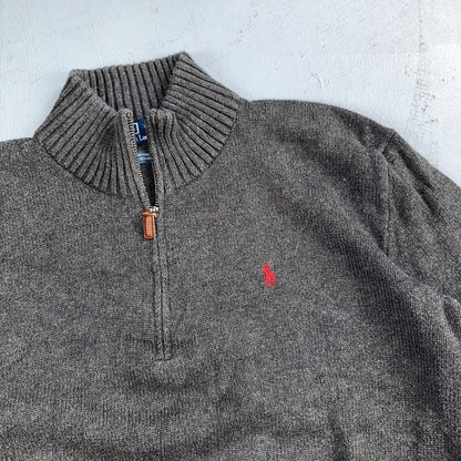 Polo Ralph Lauren Sweater VTG L Gray Cotton Long Sleeve Mock Neck Quarter Zip