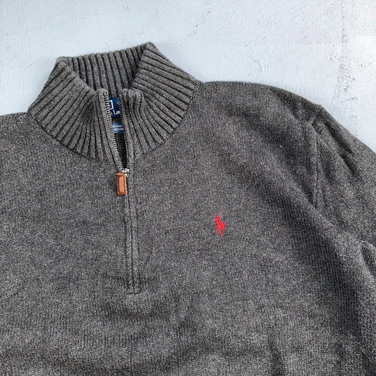 Polo Ralph Lauren Sweater VTG L Gray Cotton Long Sleeve Mock Neck Quarter Zip