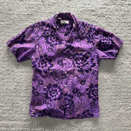 Vintage 50s Hawaiian Aloha Print Shirt Rockabilly Honolulu 60s Button USA Purple
