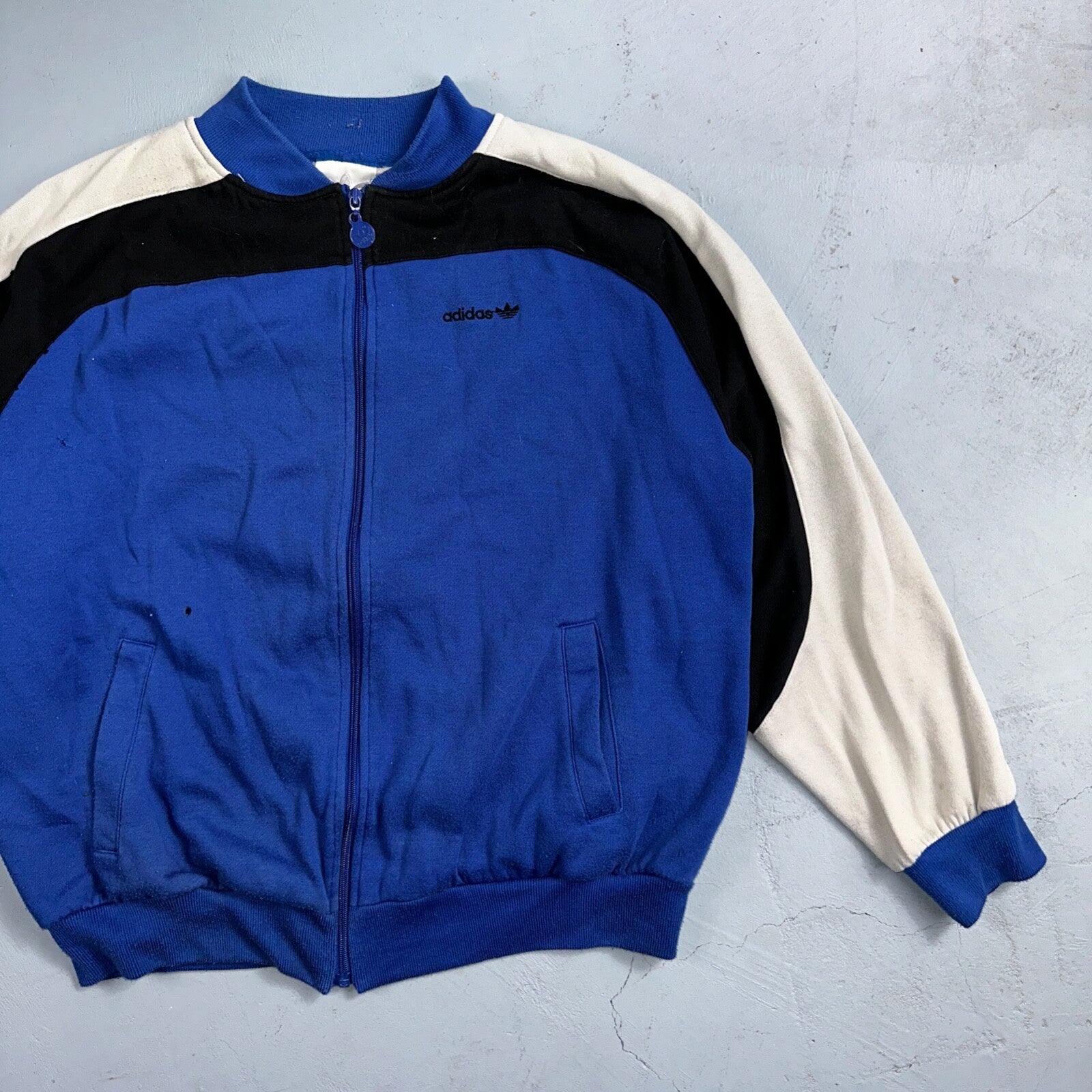Adidas 80s 90s VTG Logo Sweater XL Blue Full Zip Sweatshirt Mens Burn Hole