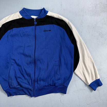 Adidas 80s 90s VTG Logo Sweater XL Blue Full Zip Sweatshirt Mens Burn Hole