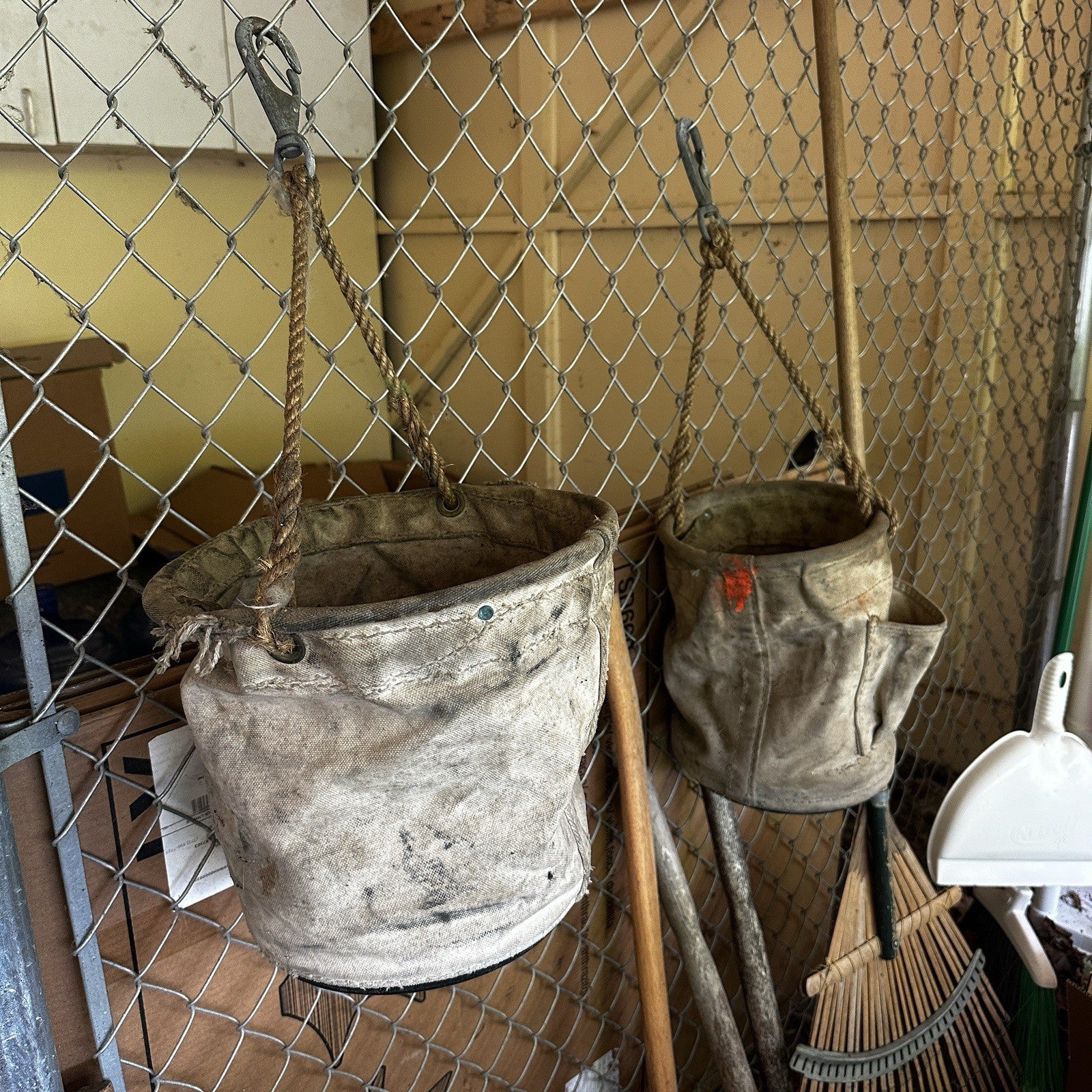 VTG Used Bell System Canvas Bucket Rope Lineman Tool Tote Barn Pulley Antique