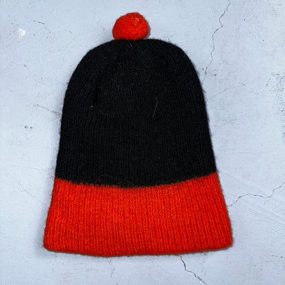 Vintage Wool Toddler Beanie Hat Winter Cap Red Black Stripes Pom Pom 60's