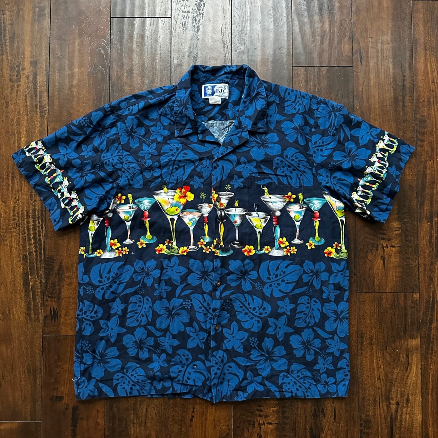 Vintage RJC Hawaiian Shirt XL Mens Drinks Short Sleeve Tropical USA Made Blue