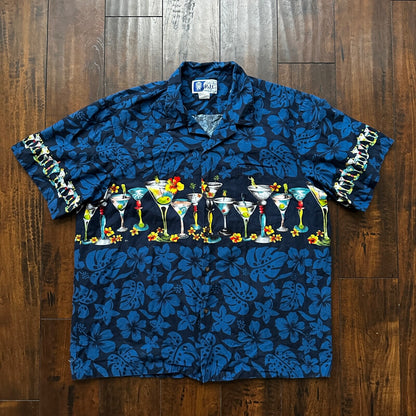 Vintage RJC Hawaiian Shirt XL Mens Drinks Short Sleeve Tropical USA Made Blue