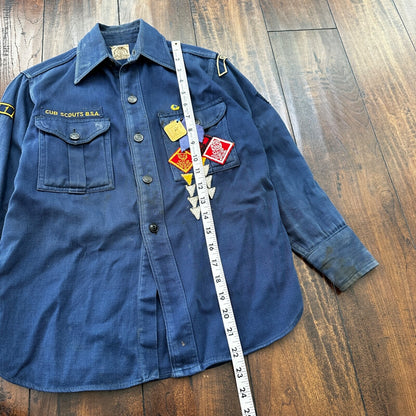 Vintage 60s BSA Boy Scouts Cub Shirt Blue Button Up Uniform Flawed Pins