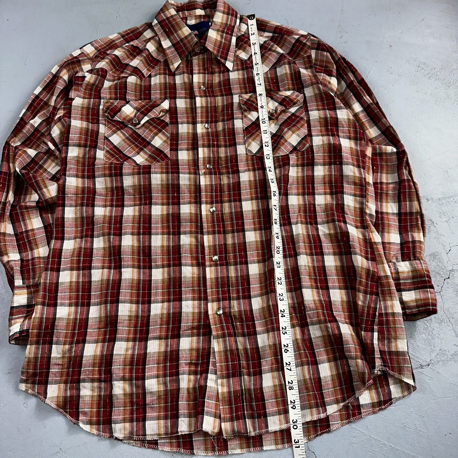 Vintage Panhandle 80s Western Shirt Pearl Snap Buttons Plaid Mens L 16.5 USA
