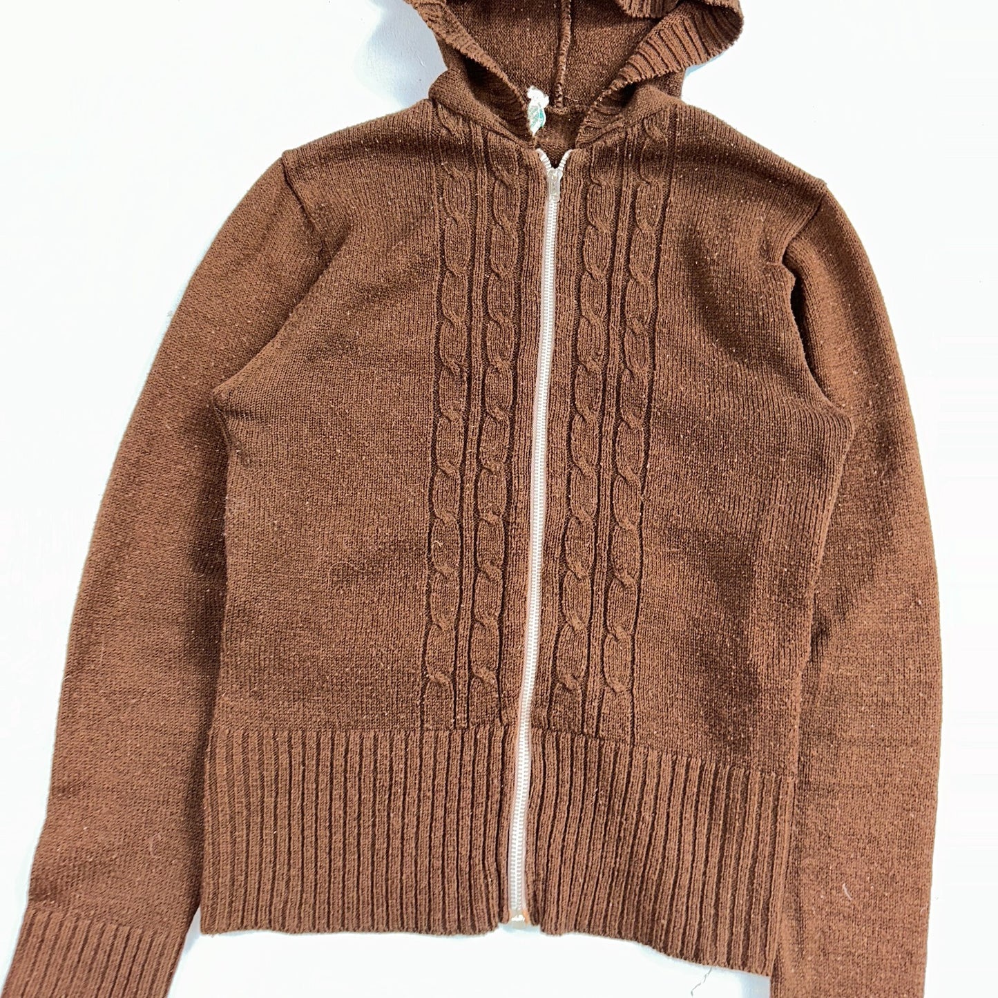 Vtg 70s Sears JR Hoodie Chunky Zip Up Sweater Brown Women's L 1970s Junior