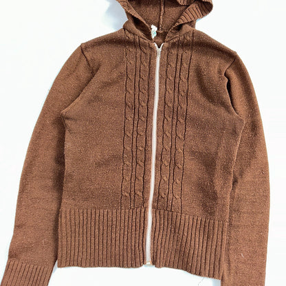 Vtg 70s Sears JR Hoodie Chunky Zip Up Sweater Brown Women's L 1970s Junior