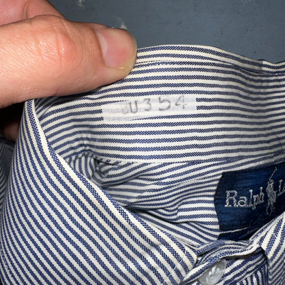 Polo Ralph Lauren Shirt 15.5 White Navy Striped USA Japan Button Up Long Sleeve