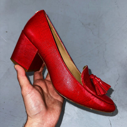 Tory Burch Kira Embossed Leather Red Tasseled Pumps Women Sz 9 Gold Charm