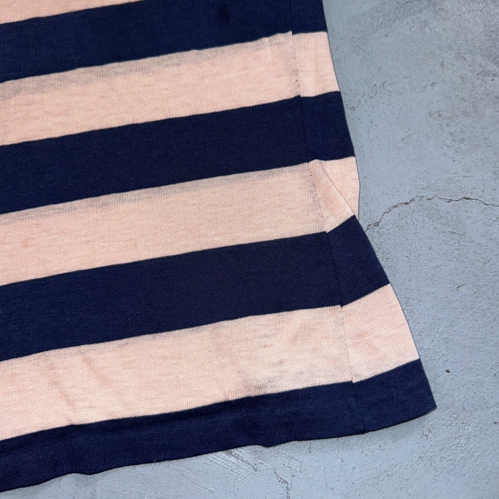 Blue Pink Rockabilly V Neck T Shirt 1970s Striped Basic Essential Single Stitch