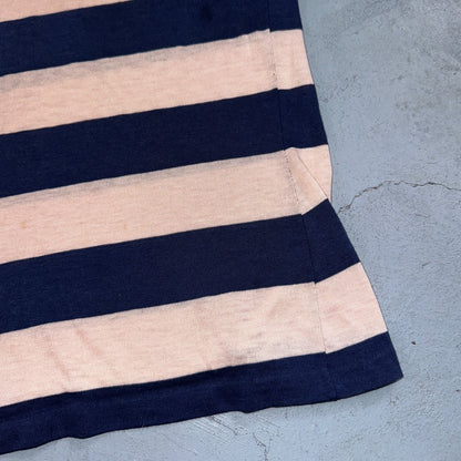 Blue Pink Rockabilly V Neck T Shirt 1970s Striped Basic Essential Single Stitch