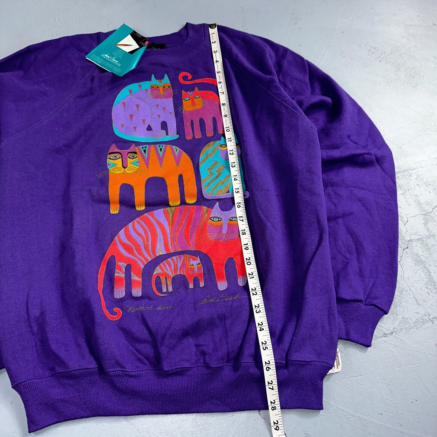 Laurel Burch VTG 1987 Pullover Fantastic Felines Purple Cat Sweatshirt XL NOS