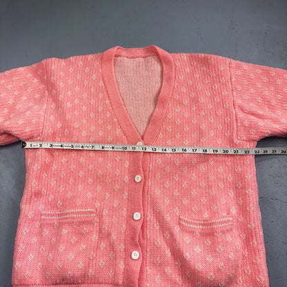 Vintage Pink Knit Sweater Cardigan Womens 70s 80s Basic Cozy Essential Winter