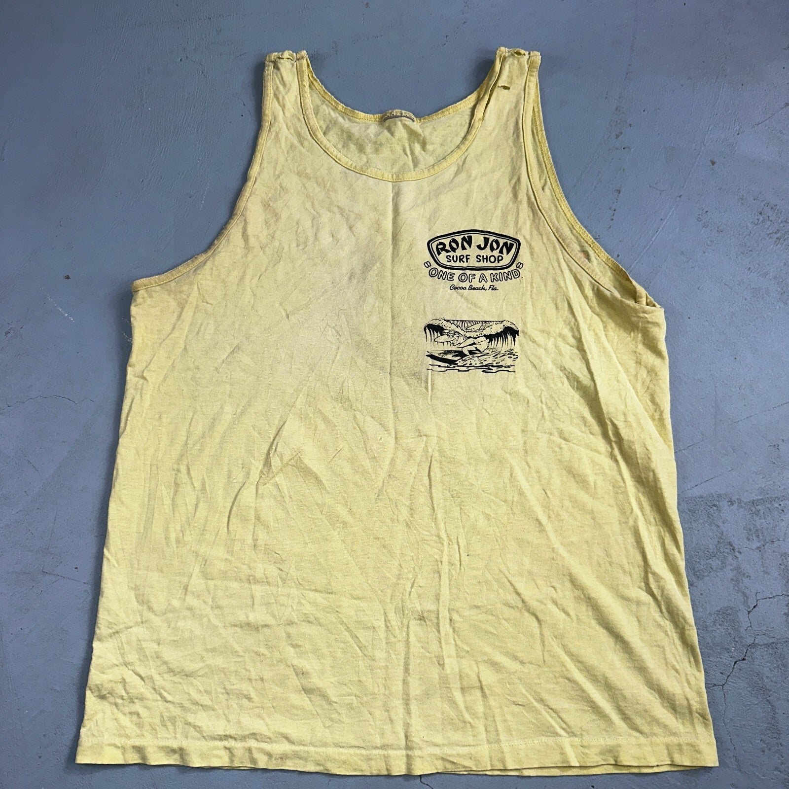 VTG 90s Ron Jons Surf Shop Tank Shirt Yellow Shark Ski Doo Cartoon USA Hot Girl