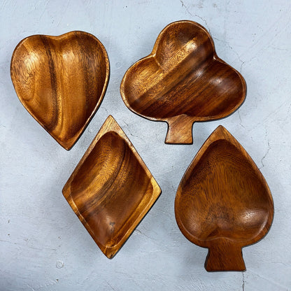 Vintage Monkey Pod Wood Card Playing Suits Candy Snack Dishes 80s Hearts Cute