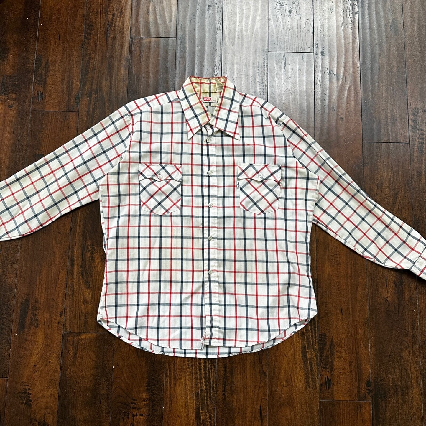 Vintage Levis Shirt Mens XL Red Blue Plaid Button Up White Tab 80s 90s 1980s