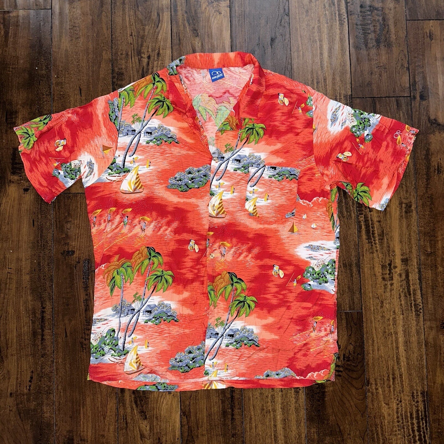 VTG OCEAN PACIFIC OP SHIRT HAWAIIAN ALOHA Rare 80s 70s Red All Over Print Crazy