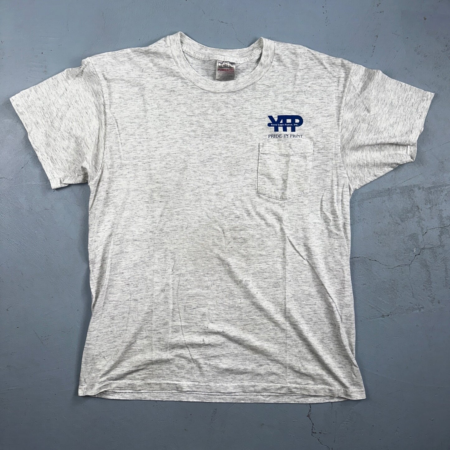 Oneita Pride In Print Designer VTG T Shirt Thrashed Hole Gray Pocket Chest Print