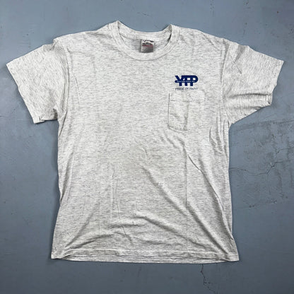 Oneita Pride In Print Designer VTG T Shirt Thrashed Hole Gray Pocket Chest Print