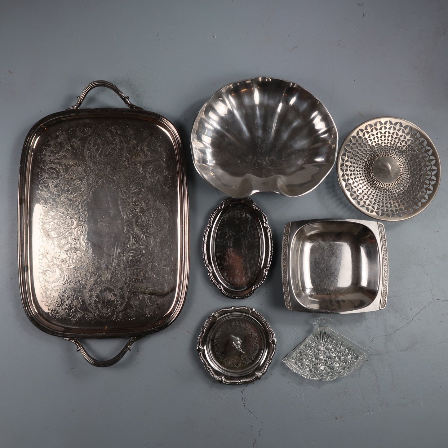 Vintage Baroque Victorian Not Silver Plated Platter Collection Lot Fancy Trays