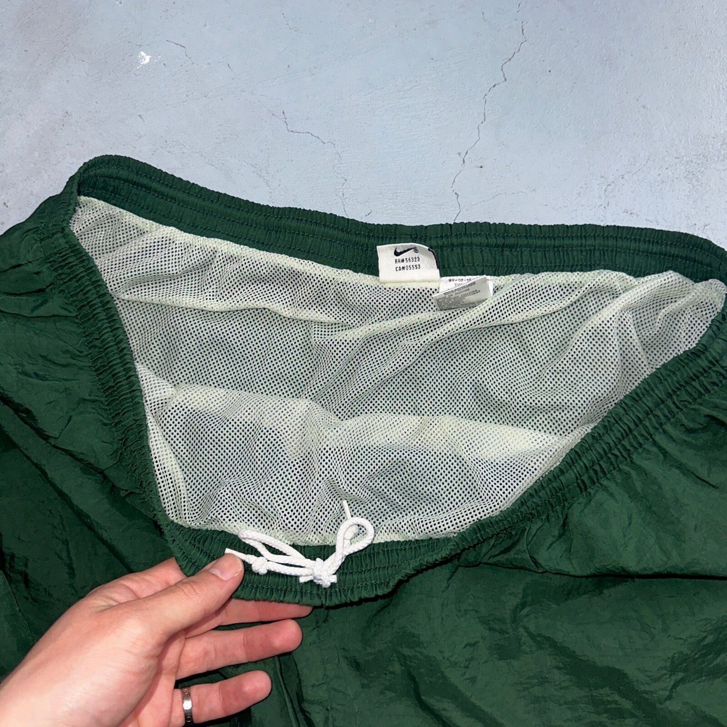 Nike Vintage Green Nylon Shorts Swoosh 2XL 90s White Tag 5” Inseam Running Swim