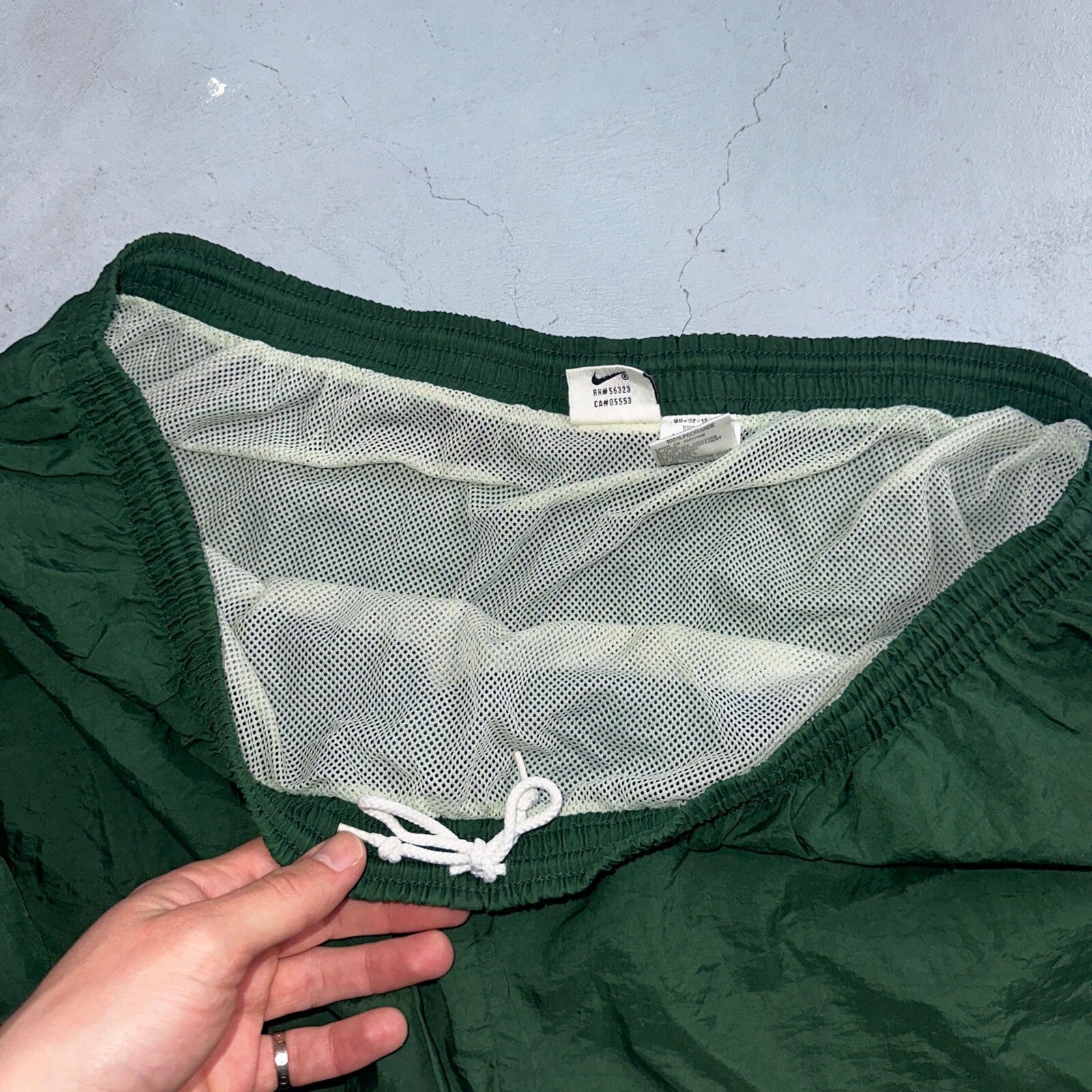 Nike Vintage Green Nylon Shorts Swoosh 2XL 90s White Tag 5” Inseam Running Swim