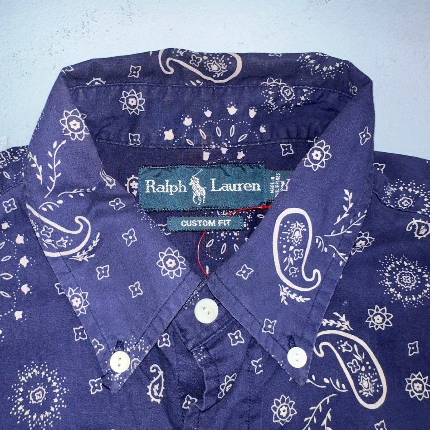 Ralph Lauren Custom Fit Paisley Navy Blue Geometric Pattern M Sleeve Button Up