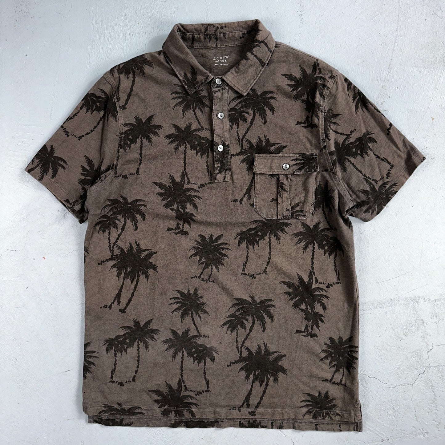 J CREW Polo Shirt Mens Large Gray Short Sleeve Pocket Tropical Palm Trees