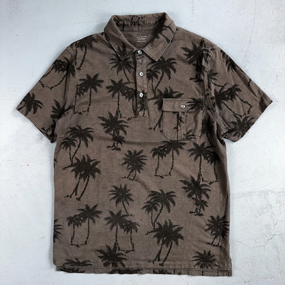 J CREW Polo Shirt Mens Large Gray Short Sleeve Pocket Tropical Palm Trees