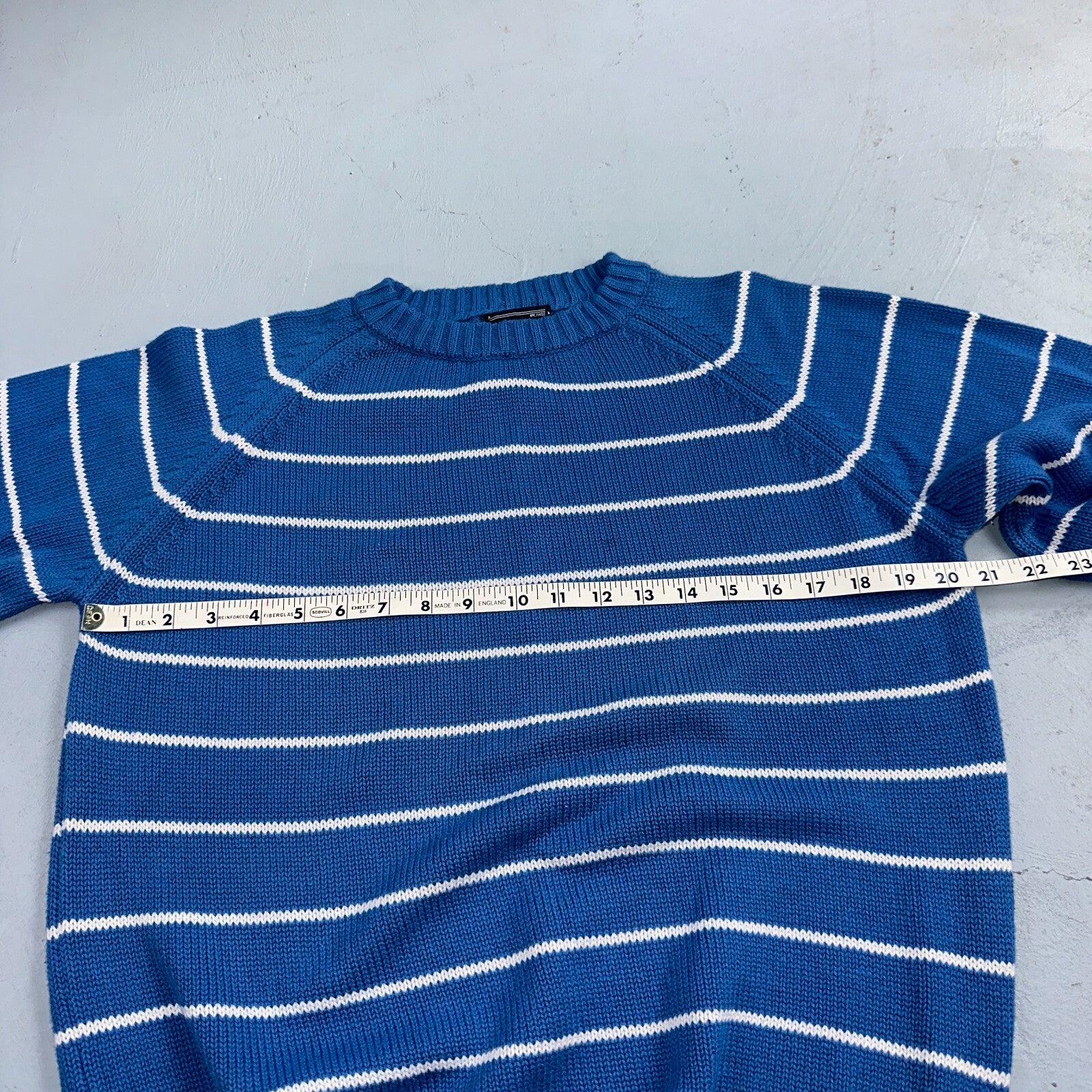 Vintage Preswick & Moore Cotton Blue Knit Crewneck Sweater Striped Chic