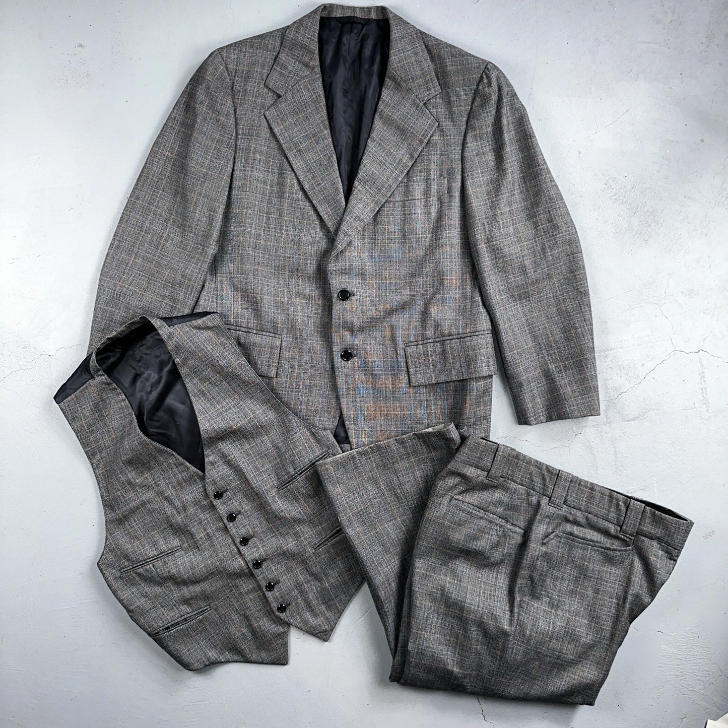 VTG Mens 3 PC Suit 42 Jacket Coat Pants Vest Plaid Rockabilly 70s 1970s Brown