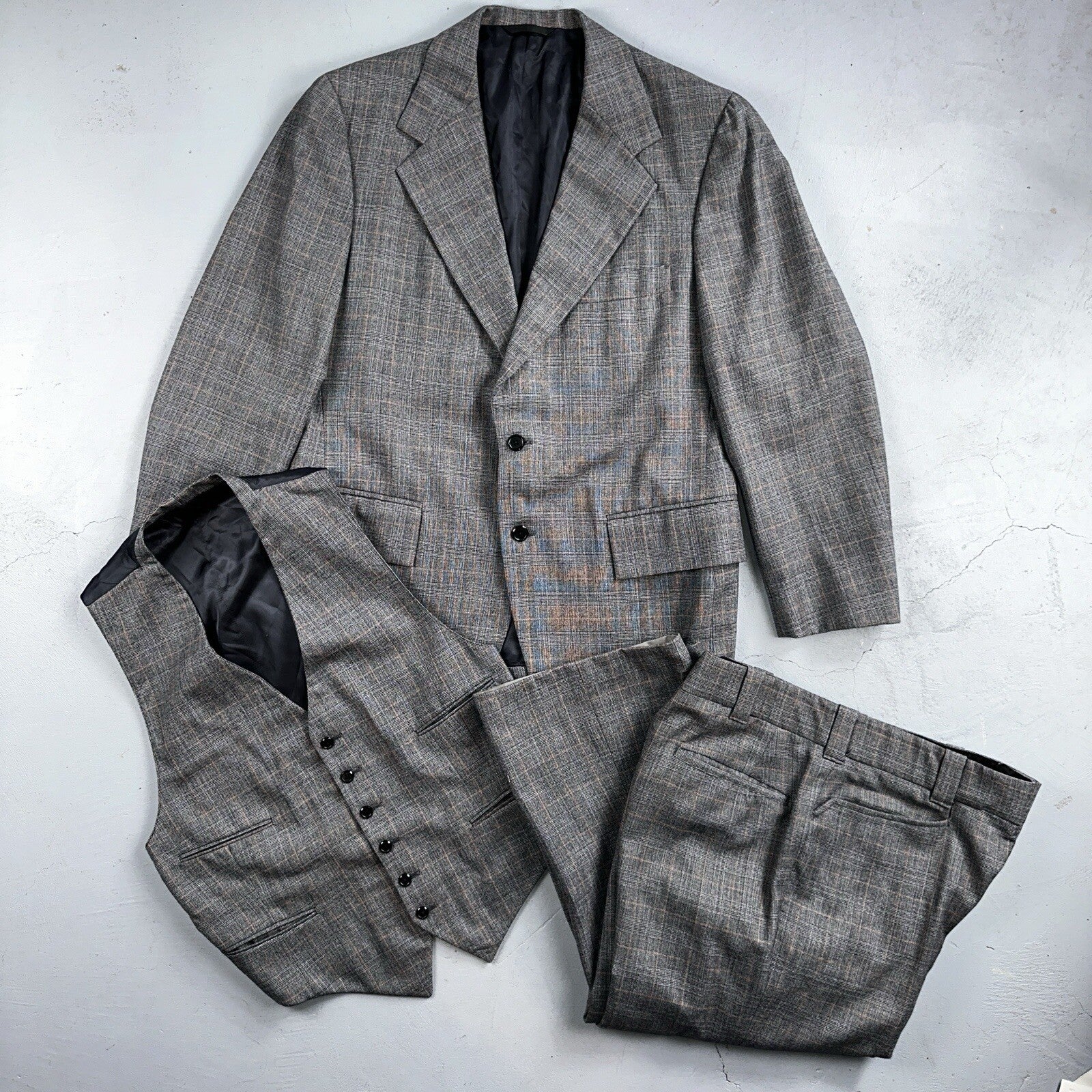 VTG Mens 3 PC Suit 42 Jacket Coat Pants Vest Plaid Rockabilly 70s 1970s Brown