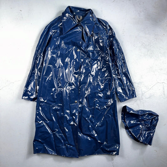 Liliput Womens Blue Trench Raincoat + Bucket Hat Polyester Rubber Vinyl 70s VTG