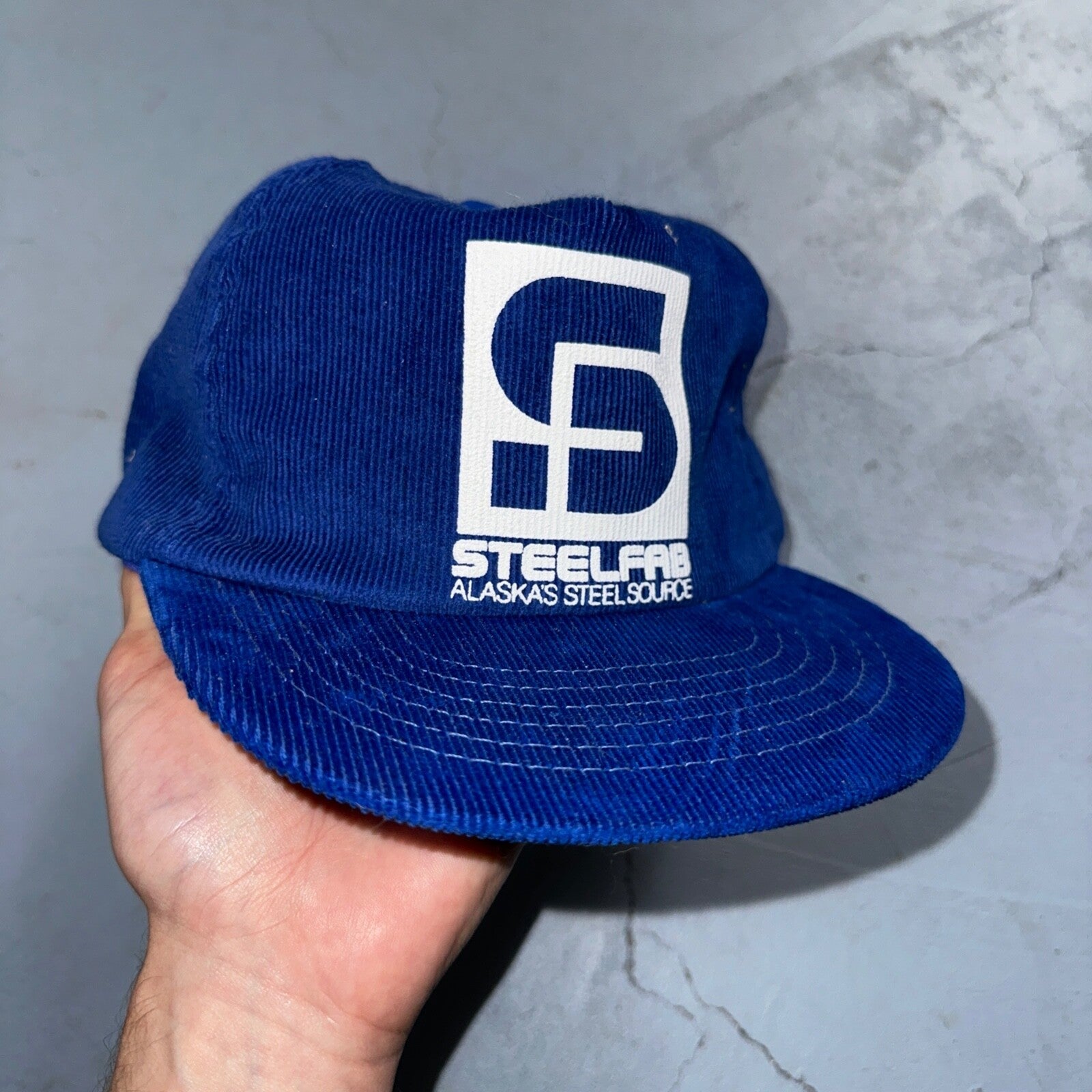 Steel Fab Blue Corduroy VTG Hat Cap Snapback Alaska USA Trucker Ocean Cool