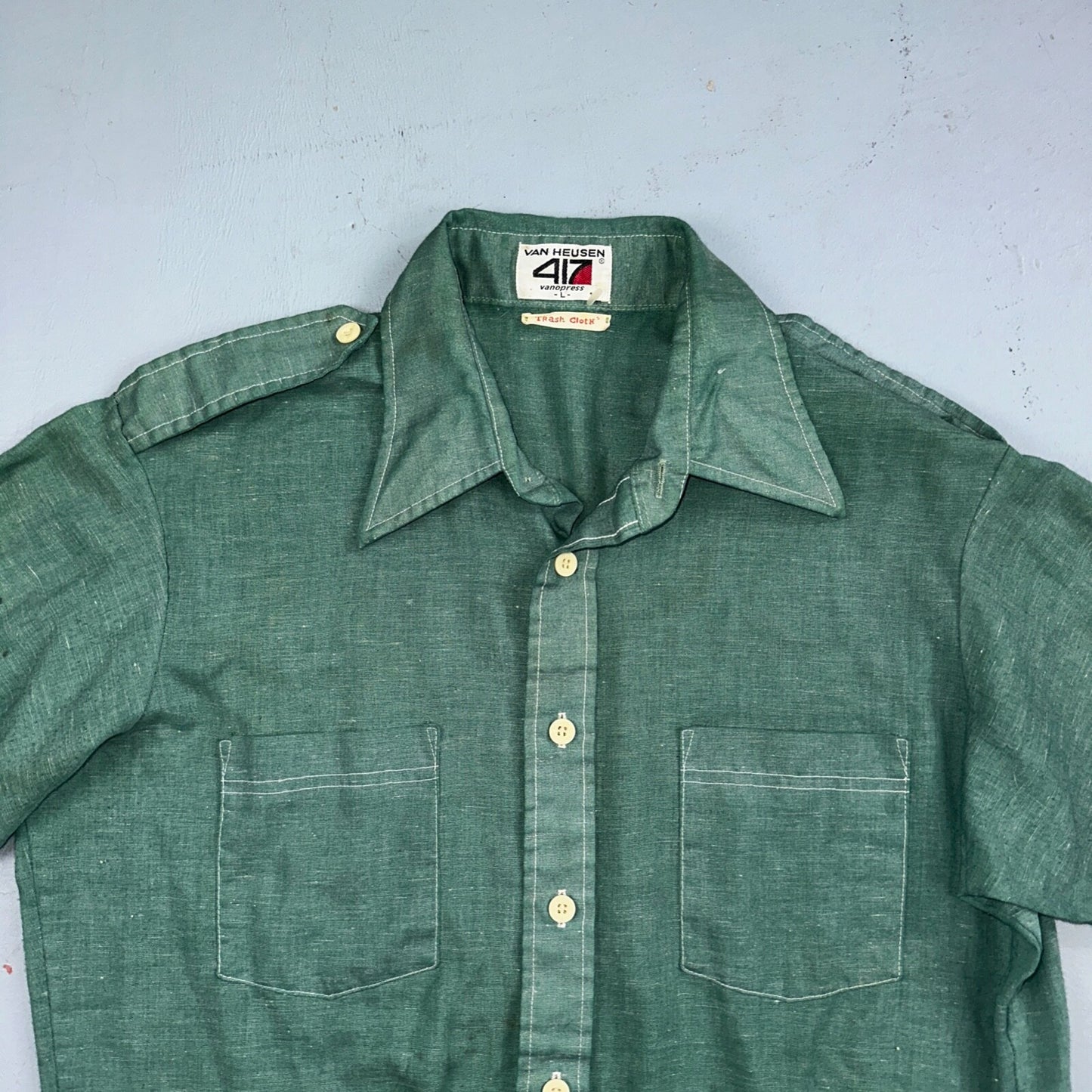 Vintage Van Huesen 417 Men's Long Sleeve Green Shirt Button Down Vanopress 70s