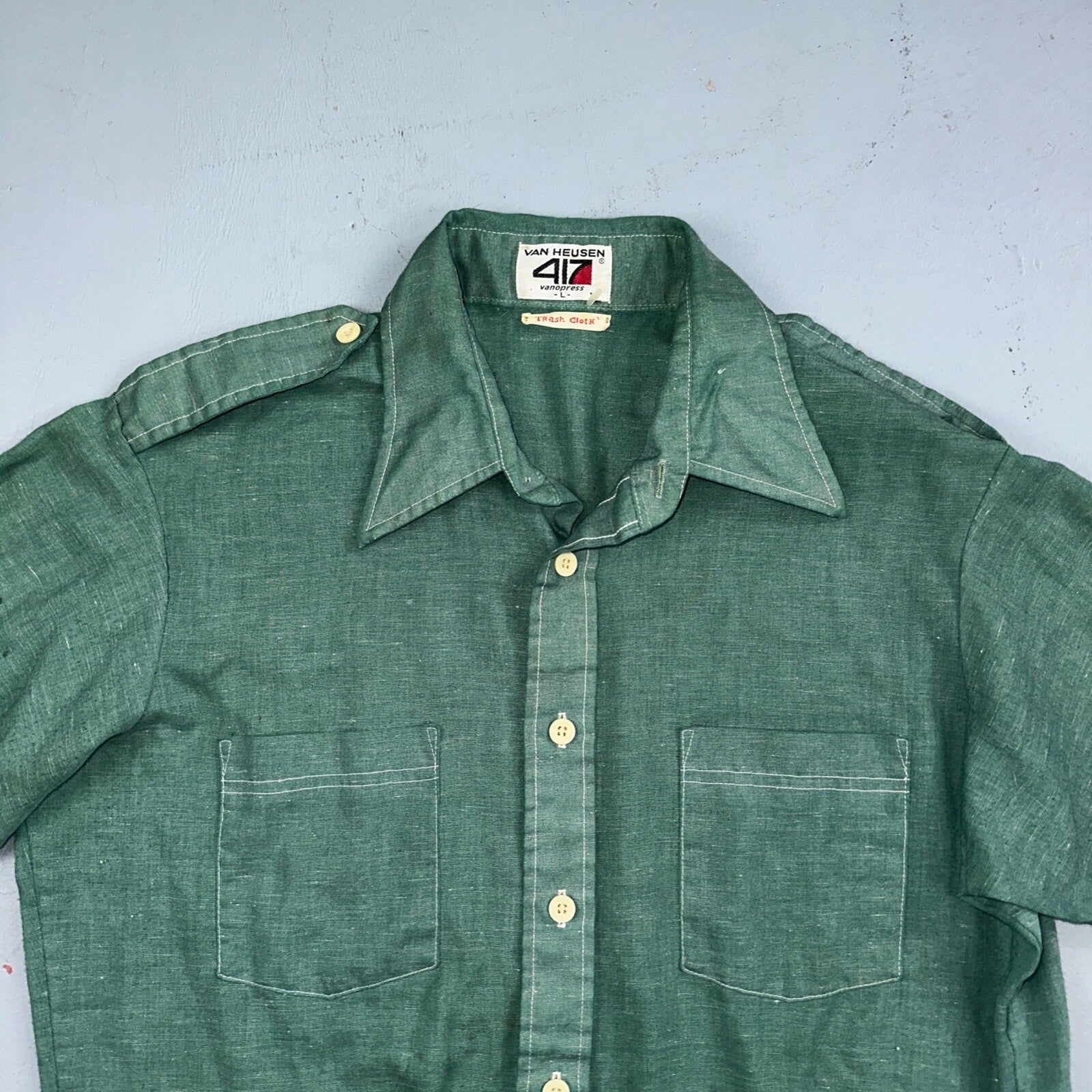 Vintage Van Huesen 417 Men's Long Sleeve Green Shirt Button Down Vanopress 70s