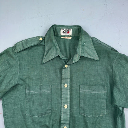 Vintage Van Huesen 417 Men's Long Sleeve Green Shirt Button Down Vanopress 70s
