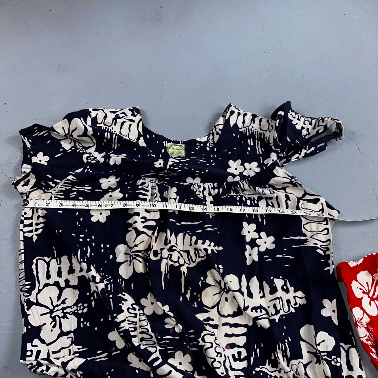 Vintage 60's Ui-Maikai Barkcloth Red and Blue Hawaiian Dress Lot Needs Repairs