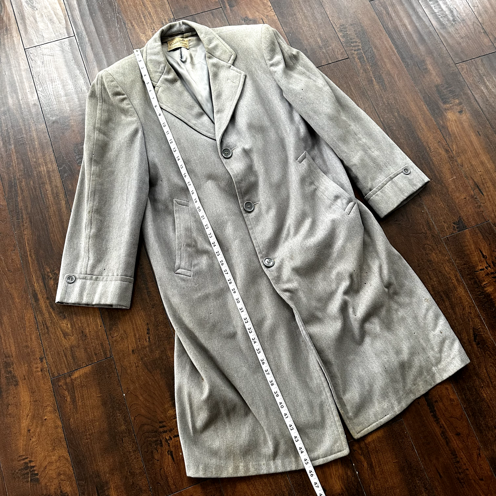 VTG 60s 50s Penneys Rockabilly Gray Wool Long Trench Coat Sz 40 Long Blazer